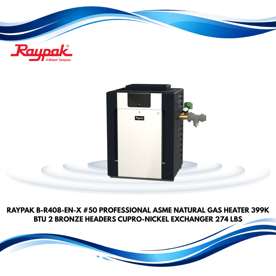 Raypak B-R408-EN-X #50 Professional ASME Natural Gas Heater, 399K BTU, 2" Bronze Headers, Cupro-Nickel Exchanger, 274 lbs