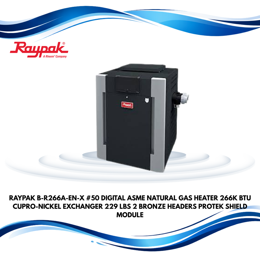 Raypak B-R266A-EN-X #50 Digital ASME Natural Gas Heater, 266K BTU, Cupro-Nickel Exchanger, 229 lbs, 2” Bronze Headers, ProTek S
