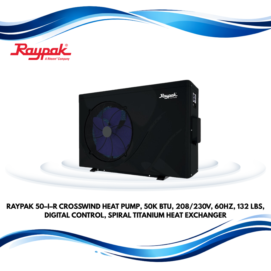 Raypak 50–I–R Crosswind Heat Pump, 208/230V, 60Hz, 132 lbs, Digital Control, Spiral Titanium Heat Exchanger