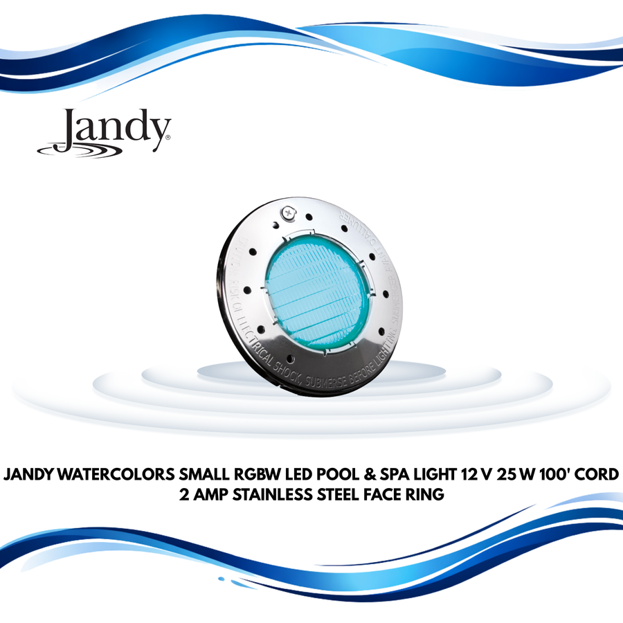 Jandy WaterColors Small RGBW LED Pool & Spa Light, 12 V, 25 W, 100' Cord, 2 Amp, Stainless Steel Face Ring