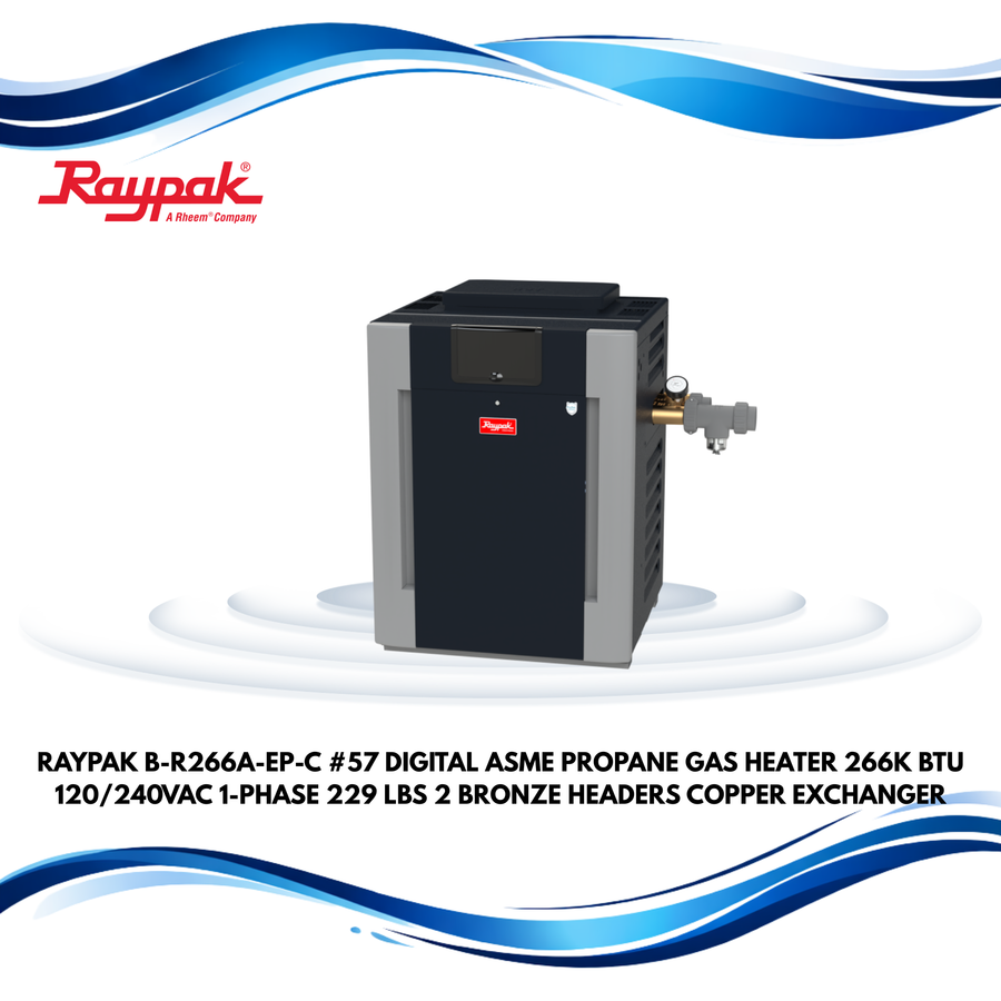 Raypak B-R266A-EP-C #57 Digital ASME Propane Gas Heater, 266k BTU, 120/240VAC, 1-Phase, 229 lbs, 2” Bronze Headers, Copper Exch