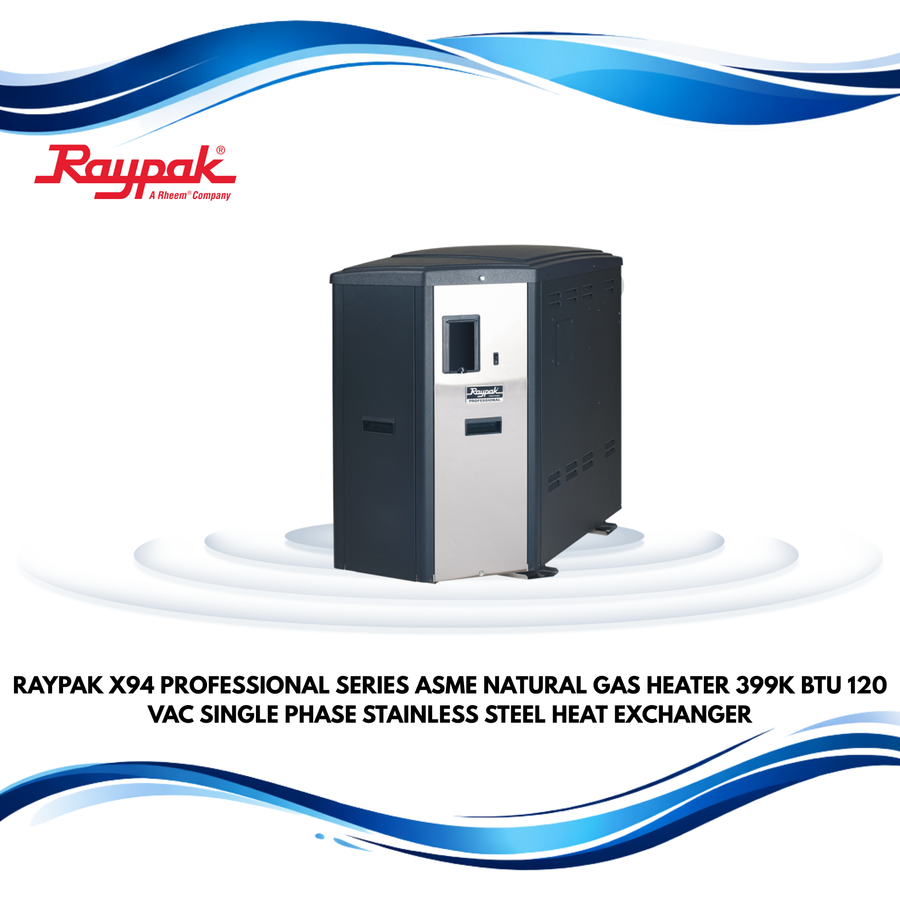 Raypak X94 Professional Series ASME Natural Gas Heater, 399K BTU, 120 VAC, Single Phase, Stainless Steel Heat Exchanger