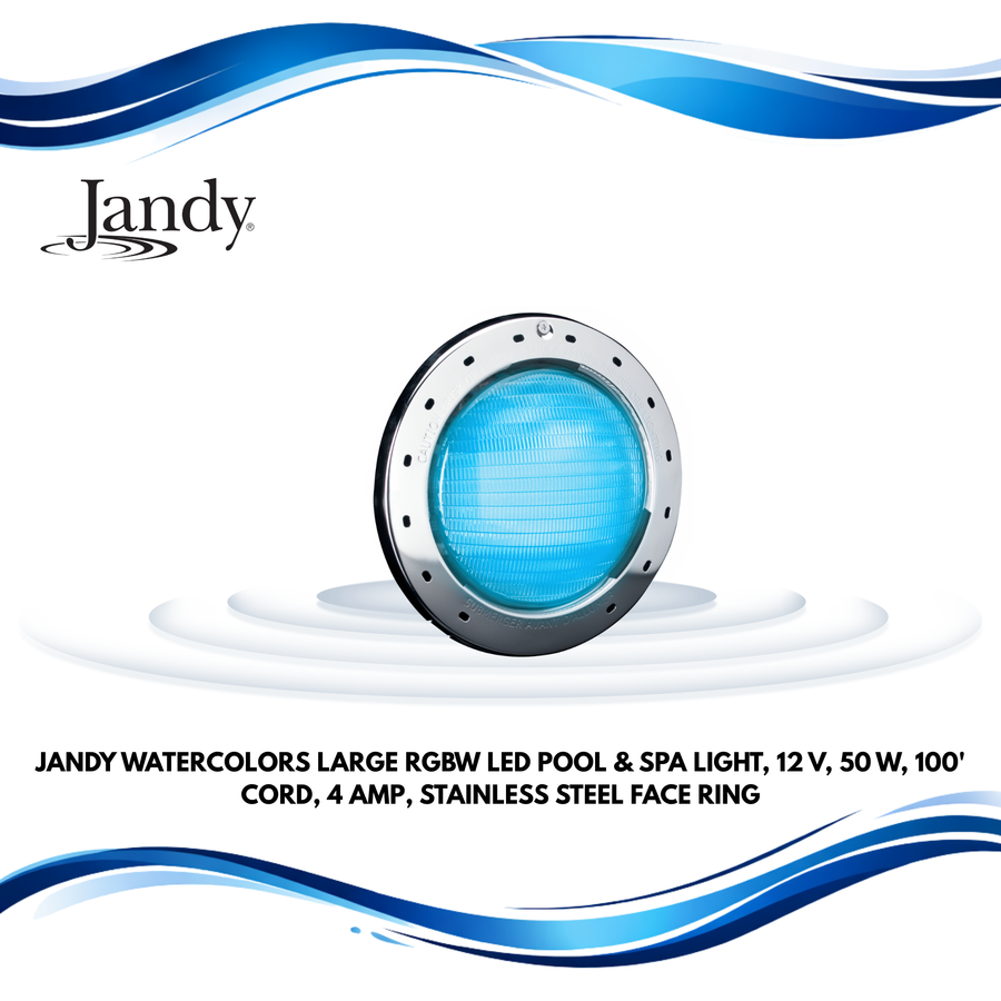 Jandy WaterColors Large RGBW LED Pool & Spa Light, 12 V, 50 W, 100' Cord, 4 Amp, Stainless Steel Face Ring